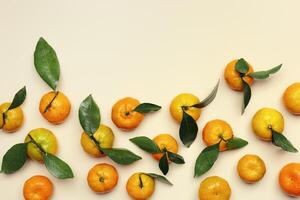 Ripe fresh orange yellow tangerines with green leaves on pastel beige table background with copy space. Citrus fruit mandarines as food background, empty space, still life aesthetic photo