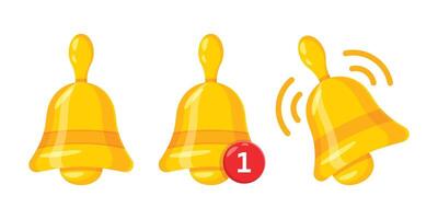 Three yellow bells with red buttons and one is pointing to the left vector