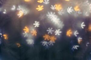 Christmas or New Year abstract magic lights background, snowflakes bokeh on dark as winter holiday backdrop. Xmas mood aesthetic photo, vintage colors, blurred effect, celebration illumination photo