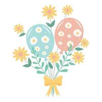 Bouquet of balloons, daisies and twigs with a bow isolated on white background. vector