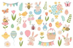 Cute easter set with chickens, bees, rabbits, flowers, eggs, balloons, flags, basket and other. Pastel design elements for Easter and spring. vector