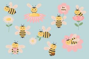 Set of cute bee in different poses. Collection of cartoon bees and chamomiles, flowers and other elements. vector