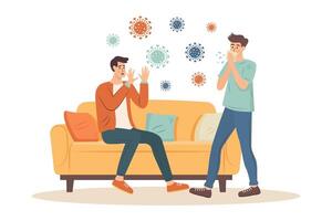 Man sits on the sofa and is afraid of viruses from a sneezing or coughing person passing by. Virus attack, epidemic concept. vector