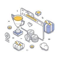 Innovative isometric line art illustration showcasing a reward program and achievement elements vector