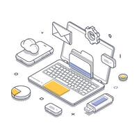 Isometric line art illustration of cloud storage concept and digital workspace elements vector