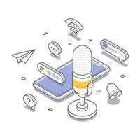 Isometric line art illustration of an online podcast setup with modern communication elements vector