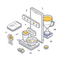 Isometric line art illustration of smartphone rating system for food and beverages vector