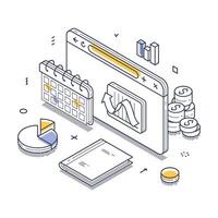 Financial report illustration with isometric line art elements and data visualization components vector
