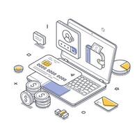 Isometric line art showing online payment and transaction systems in a digital setting vector