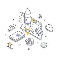 Creative isometric illustration showing a startup launch and business growth vector