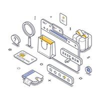 Isometric line art depicting online shopping experience with various icons vector
