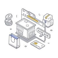 Isometric line art illustrating online shopping experience with various elements vector