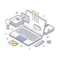Creative workspace for remote work featuring isometric line art and minimal design elements vector
