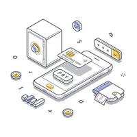 Smart wallet concept in isometric line art style showcasing digital payment methods vector