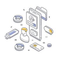 Isometric line art illustration of personal data management in modern technology setup vector