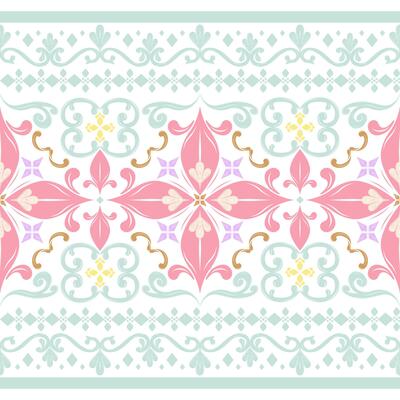 Exquisitely Royal Pastel Green Embroidery Stripe Geometric Border Victorian Style Seamless Pattern Pink Scroll Ornament Florals Decoration Rim Design for Opulence Pale Royal Handicraft Silk Embroidery