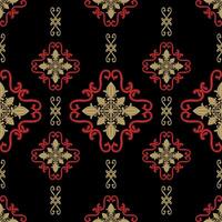 Oriental Repeat Ethnic Scroll Ornament Pattern with Gold and Red on Black Background. Delicate Luxury Border Neatly Handicraft. Flowers of Wealth Design for Decoration Silk Apparel Damask Wallpaper vector