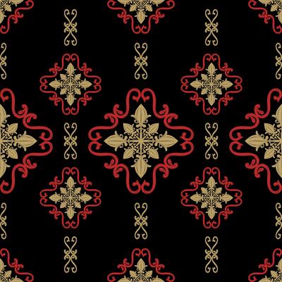 Oriental Repeat Ethnic Scroll Ornament Pattern with Gold and Red on Black Background. Delicate Luxury Border Neatly Handicraft. Flowers of Wealth Design for Decoration Silk Apparel Damask Wallpaper