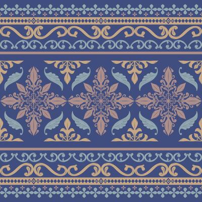 Beautiful Opulence Motif Damask Pattern with Old Rose Gold Scroll Ornament on Royal Deep Blue Background. The Fairy Ocean Luxury and Elegance Haute Couture Design Silk Fabrics Embroidery Traditional
