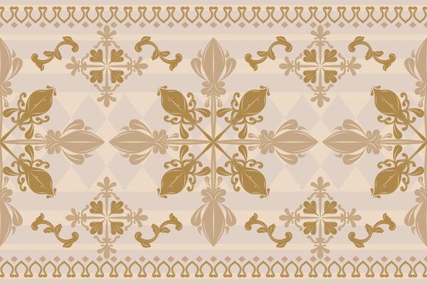 Luxury Scroll Ornament Border Embroidery Argyle Diamond Background. Autumn Royal Gold Fleur de lis Floral Pattern in Victorian Style. Delicate Rich Detailed Brocade Stripe Design for Fabrics Apparel