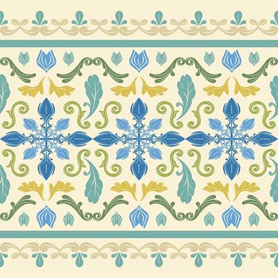 Magnificent Exquisitely Royal Blue Florals Plants Petal Scroll Ornament Seamless Pattern Border. Delicate Luxury Element Fleur de lis Baroque Stripe Rim Decoration Wallpaper Embroidery Silk Textiles