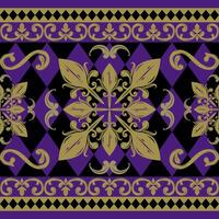 Royal Violet Damask Background Pattern with Gold Scroll Ornament Decoration. Elaborate Black Purple Argyle Design for Luxury Delicate Deep Elegance Floral Style Seamless Pattern Border Silk Weaves Rug vector