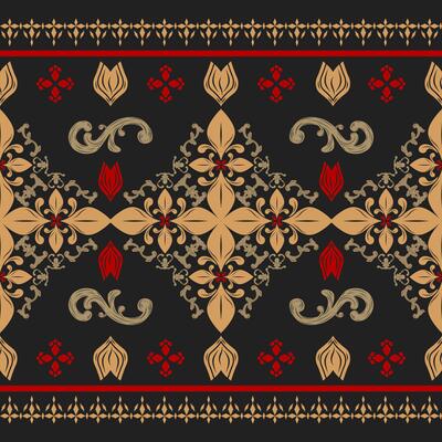 Victorian Motif Scroll Ornament Chevron with Curly Gold Scarlet Filigree Fabrics Pattern. Fleur De lis Damask Eternal Rose Florals Decoration Border. Mystery Black Background Embroidery Design