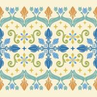 Blue floral motif Pattern with swirling details forms a cross-like shape surrounded by curving green and gold flourishes that resemble stylized vines or filigree set against a soft cream background. vector