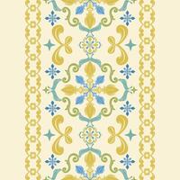 Elegance Of Silk Handicraft Seamless Border Pattern repeating Colorful Ornate Florals Scroll Motif embellishments ornamental flourish. Gold Green Blue on Soft Cream Background for Classy Decoration vector