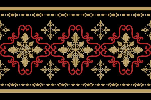 Elegance Motif Intricate Pattern with Red and Gold on Black Background Fleur de lis Ethnic Florals Scroll Element Detailed Luxury Border Oriental Design of Honor and Wealth Decoration Silk Apparel Men