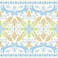 seamless decorative pattern with intricate floral ornamental element. symmetrical and consists of swirling blue green beige motif on light background. flourishes geometric diamond shapes along border vector