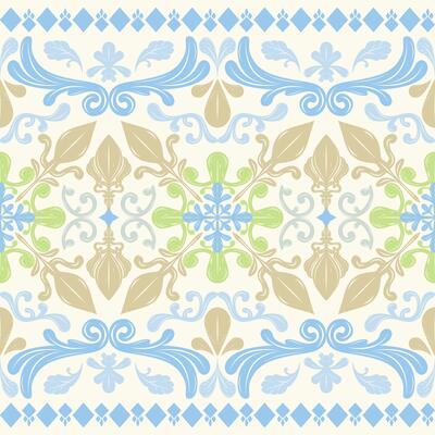 seamless decorative pattern with intricate floral ornamental element. symmetrical and consists of swirling blue green beige motif on light background. flourishes geometric diamond shapes along border