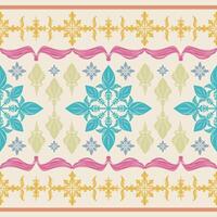 Appealing Elegance Brightly Colorful Pattern Cross Buds of Florals at Middle Decorate with Wine Leaves Stripe. Delicate Traditional Scroll Ornament Seamless Border for Silk Fabrics Texture Tiles Scarf vector