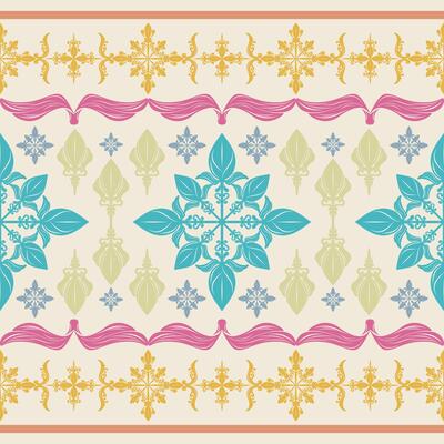 Appealing Elegance Brightly Colorful Pattern Cross Buds of Florals at Middle Decorate with Wine Leaves Stripe. Delicate Traditional Scroll Ornament Seamless Border for Silk Fabrics Texture Tiles Scarf