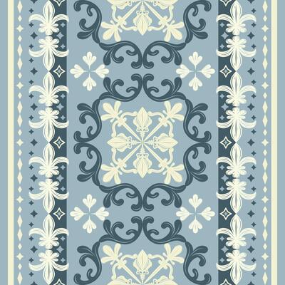 Delicate NeedleCraft illustration of Historical Victorian Baroque Scroll Ornament Navy Blue and White on Denim Background. Elegance Lily Fleur de lis Florals for Medieval Decoration Pattern Border