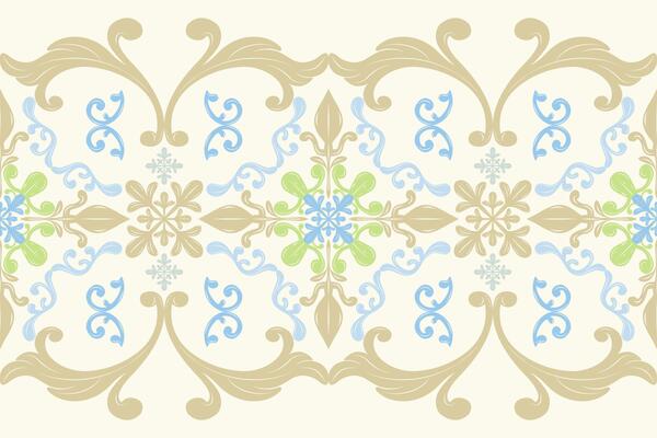 Elegant and refined aesthetic consists of soft beige, blue, and green hues set against a light background. wallpaper textiles ceramic tilework particularly in historical European interiors border lace