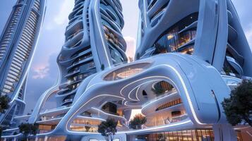The futuristic buildings are designed to look like a spaceship photo