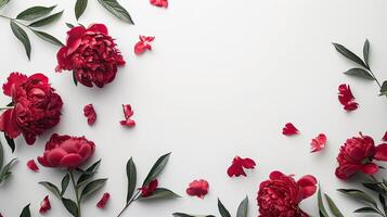Red flowers and leaves on a white background photo
