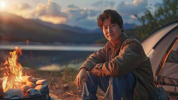 A man sitting next to a campfire with a tent in the background photo