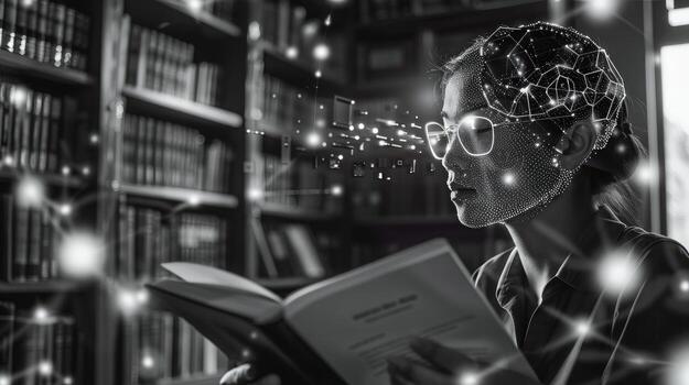 A woman in glasses reading a book with a network of dots photo