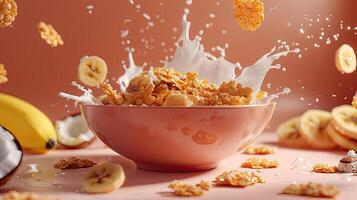 A bowl of cereal with bananas and coconut photo
