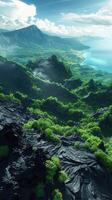 A beautiful view of the ocean and mountains photo