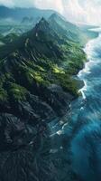 An aerial view of the ocean and mountains photo