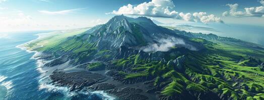 An island with green mountains and water photo