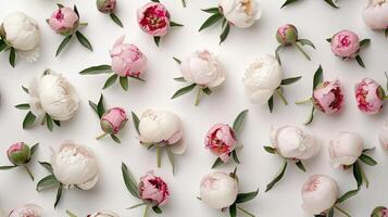A large group of white and pink peonies photo