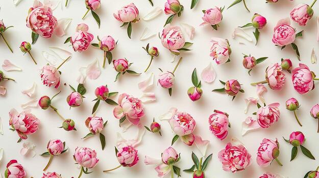 A large group of pink flowers arranged on a white surface photo