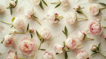 A large group of pink peonies on a white surface photo