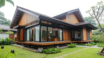 A modern wooden house with a large garden photo