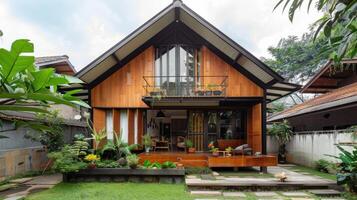 A modern home with wooden accents and a garden photo