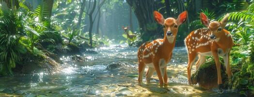 Two deer are standing in a stream in the jungle photo
